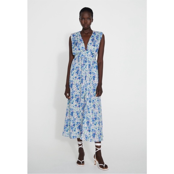 NWT Zara Blue Floral Printed Midi Summer Sun Dress White 8342/332 Medium Maxi - Picture 3 of 11